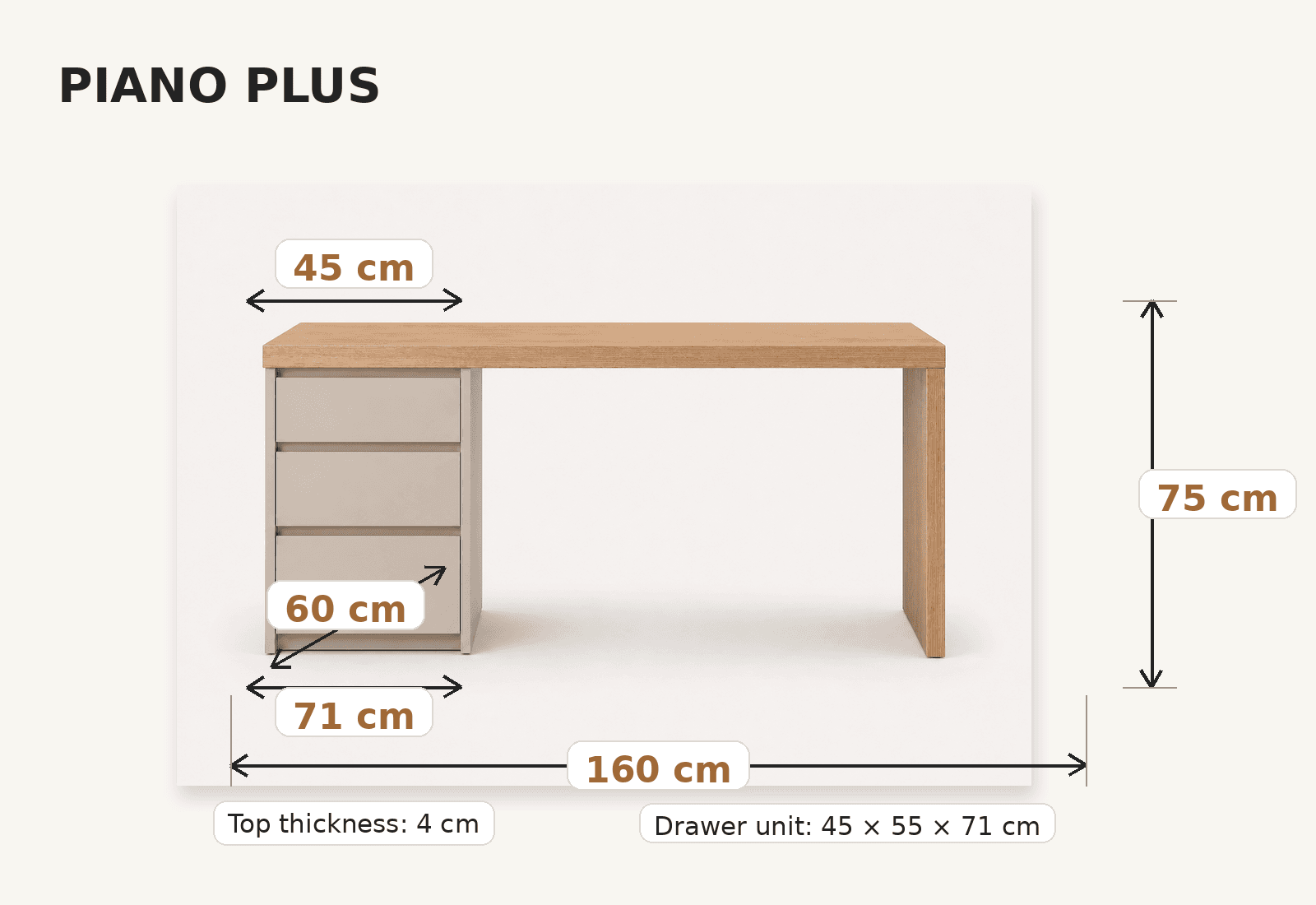 סקיצת מידות שולחן עבודה PIANO PLUS